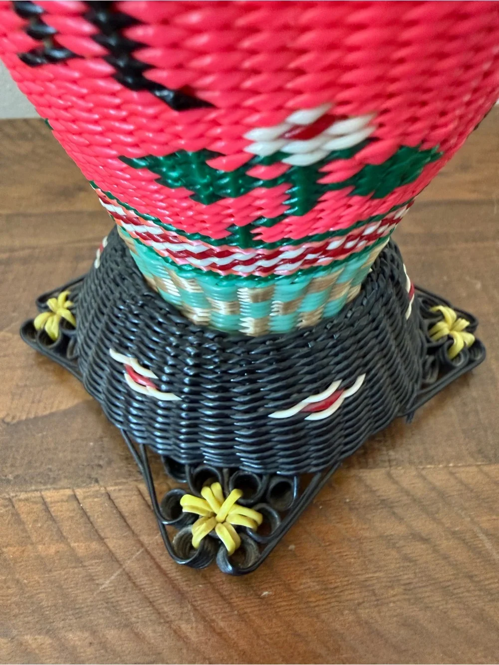 Vintage 1960s Chinese Scoubidou Woven Plastic Covered Glass Vase Bird 10” Kitsch